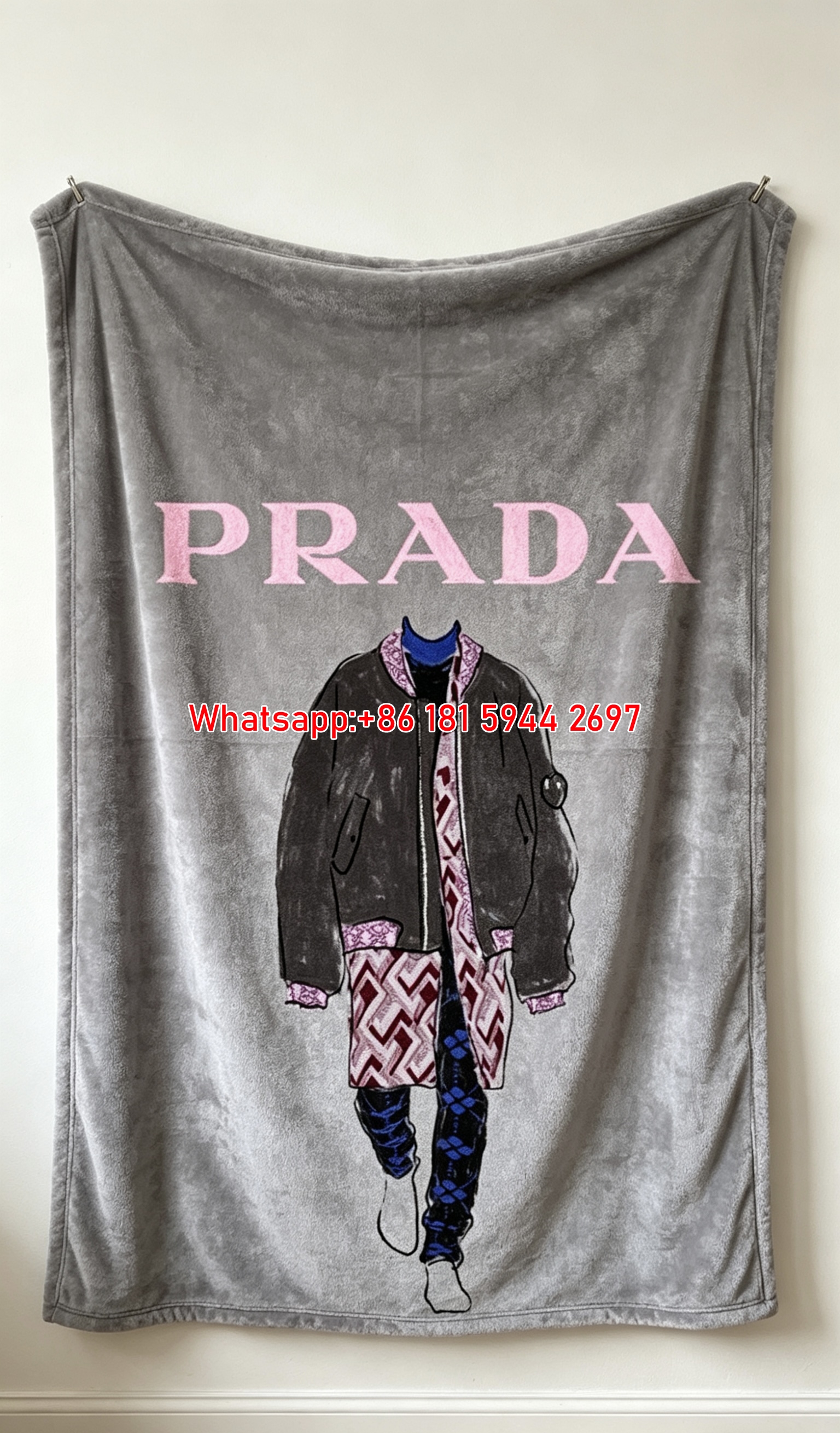 Prada Pink Grey Fashion Illustration Print Flannel Throw Blanket IMG_2793
